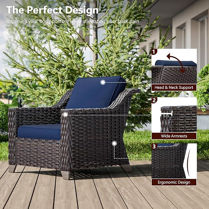 6 Pieces Wicker Patio Furniture, Luxury Outdoor Conversation Sets with 2 Patio Rattan Chair, 3-Seater Sofa, 2 Patio Ottoman and 1 Coffee Table, Wide Armrest, Thickened Cushions