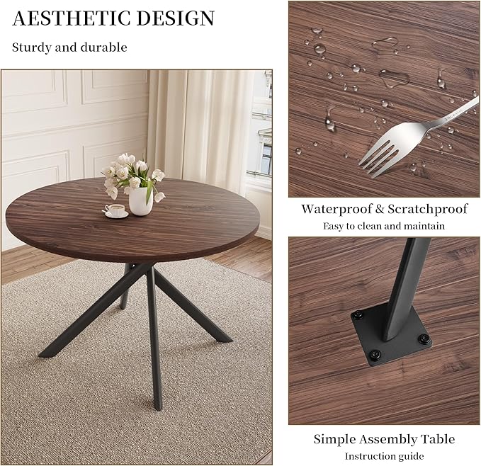 45.3'' Walnut Round Dining Table Set for 4, Mid Century Modern Small Coffee Set for Dining Room Kitchen Apartment (Walnut Table + 4 Black Chairs)