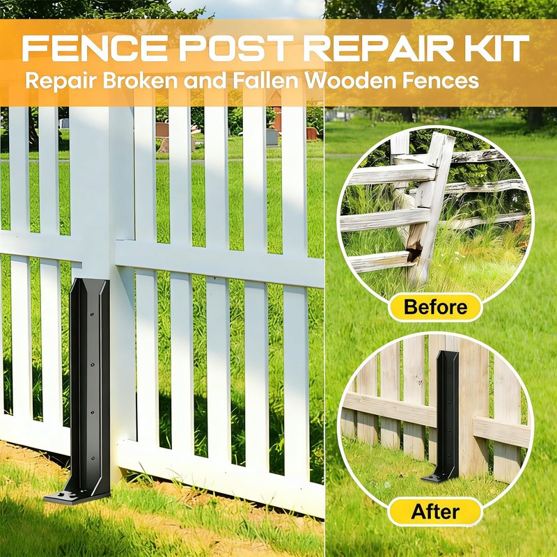 4PCS Fence Post Repair Kit, Heavy Duty Fence Post Anchor Quick Fix for Broken/Leaning Wooden Fence, Easy to Install, Black
