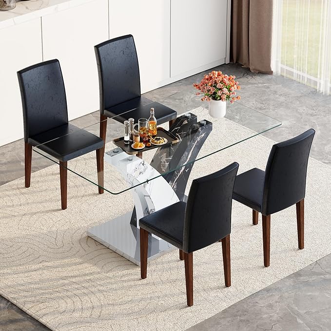 Glass Dining Table Set for 4, 63” Kitchen Table Set for 4, Modern Dining Room Table Set with Upholstered Chairs, Tempered Glass Tabletop with Y Shape Base