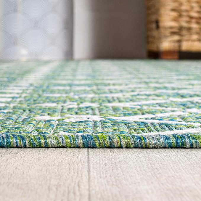 JONATHAN Y SMB108L-210 Ourika Moroccan Geometric Textured Weave Indoor Outdoor Runner Rug, Bohemian, Rustic, Scandinavian Easy-Cleaning,Bedroom,Kitchen,Backyard,Patio,Non Shedding, Ivory/Green, 2 X 10