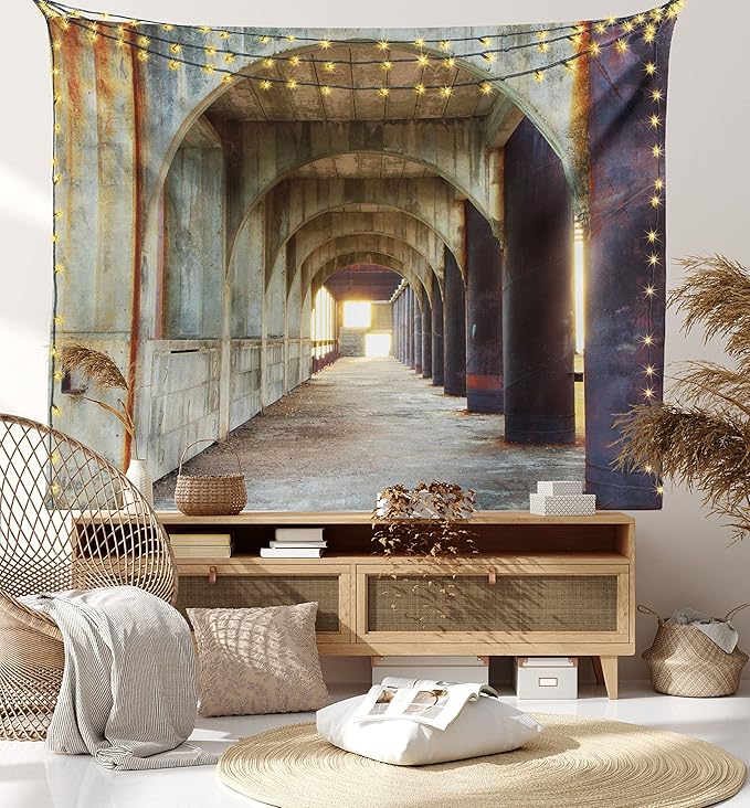 Ambesonne Urban Tapestry, Corridor of Concrete Pillars Structure Urban Industrial Rustic Style Art, Fabric Wall Hanging Decor for Bedroom Living Room Dorm, 45" X 30", Brown Purple