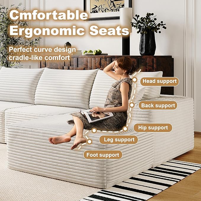 136" Sectional Couches for Living Room Modern Modular Sofa with L-Shape Couchs Upholstered Boneless Couch Deep Seat Sectional Couch with Chaise (White, Right Facing Chaise+3Seaters+Ottoman)