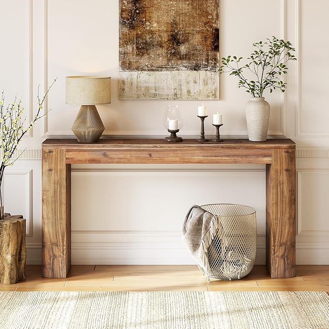 Solid Wood Console Table, 63-Inch Farmhouse Entryway Sofa Table Behind Couch for Living Room Hallway, Foyer