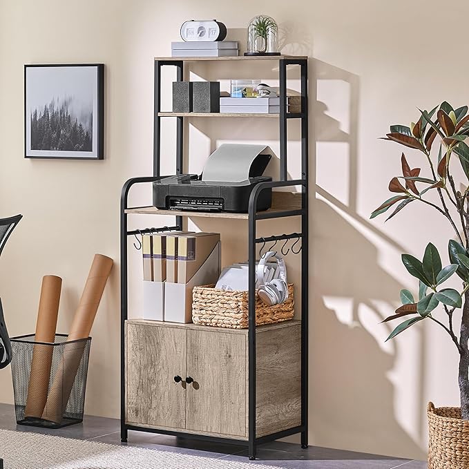 Yaheetech 4-Tier Kitchen Bakers Rack with Storage Cabinet and Hutch, Microwave Oven Stand Coffee Bar Pantry Cabinet with 8 S Hooks, Freestanding Kitchen Shelves Spice Rack, Gray