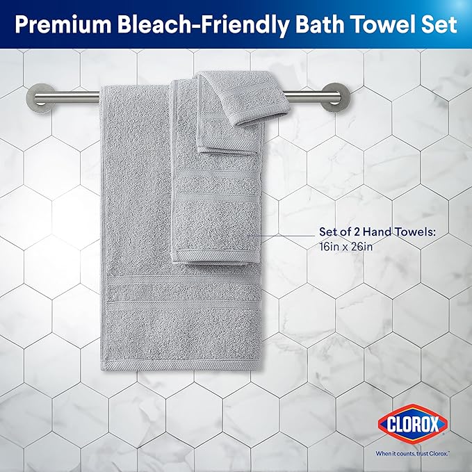 CLOROX Bleach Friendly Towels, Quick Dry, 100% Cotton Hand Towels (16" x 26"), Highly Absorbent Soft Lightweight, Ideal for Everyday Use, Easy to Wash (2 Pack, Light Grey)