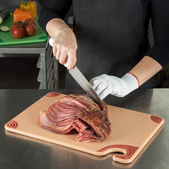 San Jamar Saf-T-Grip Cutting Board with Molded-in Ruler, Plastic Chopping Board for Kitchen, 12" x 18" x 0.5", 6 Count, Brown