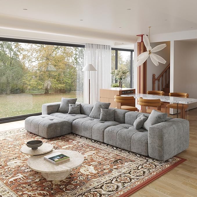 JACH 144.1 Inch L-Shaped Modular Sofas, Modern 3-Seater Couch with Chaise Ottoman, Mid Century Modern Sectional Couches, Cozy Sleeper Sofa for Apartment/Living Room (Linen Fabric, Grey)