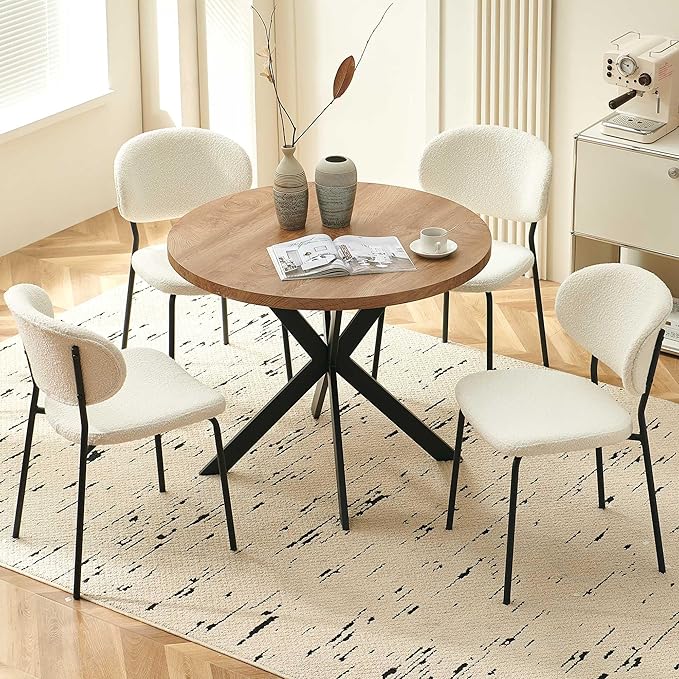 Round Dining Table Set for 4, Modern 5-Piece Kitchen Table Set, 37" Round MDF Living Coffee Table with 4 Seated Boucle Dining Chairs Upholstered, Metal Legs for Dining Hall, Living Room