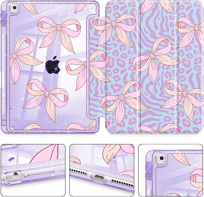 Case for iPad 9th/ 8th/ 7th Generation 10.2-Inch Case(2021/2020/2019 Release) Glitter Tablet Cases with Transparent Acrylic Back+Trifold Stand+Pencil Holder+Auto Wake/Sleep Bows-Stripe