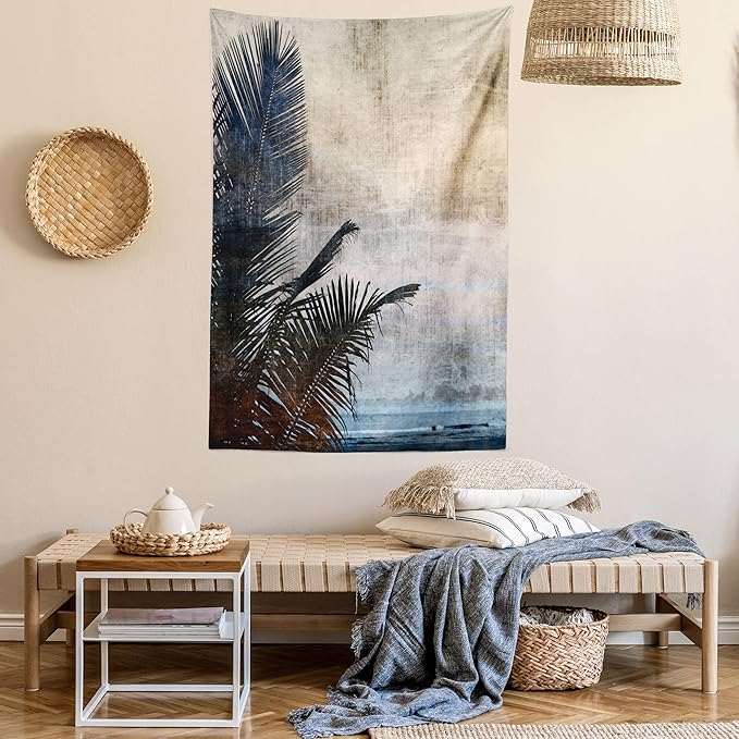 Ambesonne Hawaiian Tapestry Queen Size, Palm Tree Leaves on Grunge Background with Sea Vintage Waterscape Illustration, Wall Hanging Bedspread Bed Cover Wall Decor, 88" X 88", Beige Indigo