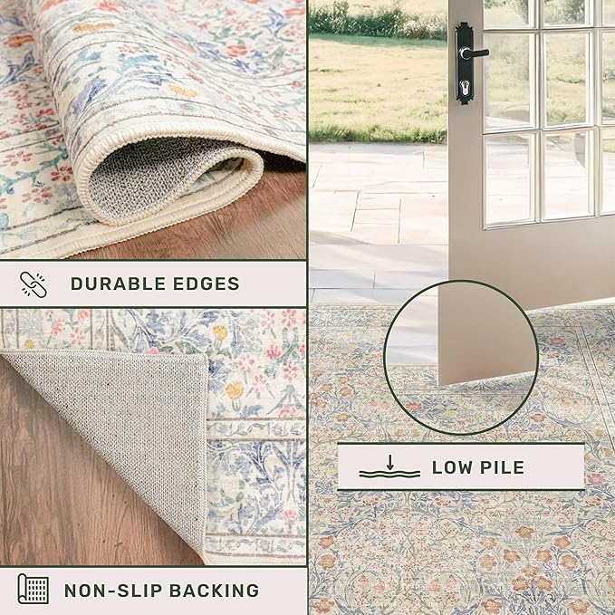 Washable Light Blue Non Slip Bedroom Rug, 8x12 Large Area Rug for Living Room, Dining Room Under Table, Low Pile & Soft Stain Resistant Carpet - Forset Floral Design