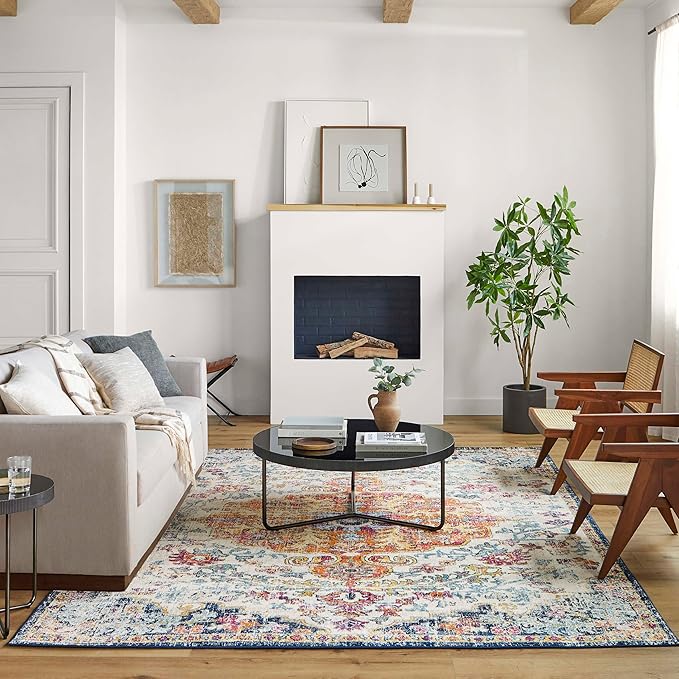 Livabliss Area Rugs - 12x18 Odelia Vintage Boho Aqua Off-White Blue Area Rug for Living Room Bedroom - Floral Medallion Stain Resistant Carpet for Kitchen, Nursery, Office (12' x 18')