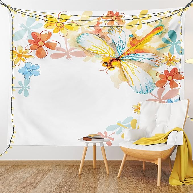 Ambesonne Dragonfly Tapestry Queen Size, Abstract Grunge Vintage Design Moth Spring Flowers Floral Frame Art Print, Wall Hanging Bedspread Bed Cover Wall Decor, 88" X 88", Yellow Orange