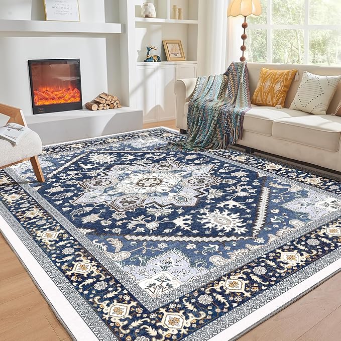 OPPODREAM Thin 8x10 Area Rugs, Washable Rugs 8x10 with Non Slip Backing, Faux Cashmere Low-Pile 8 x 10 Carpet, Navy Blue & Gold