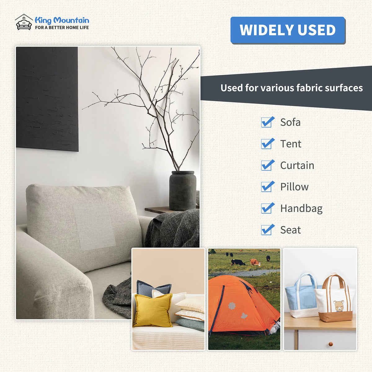 KING MOUNTAIN Canvas Repair Patch 5×8 Inch 8 Pcs Self-Adhesive Waterproof Fabric Patch for Sofas, Tents, Furniture,Tote Bags, Car Seats (Off White)