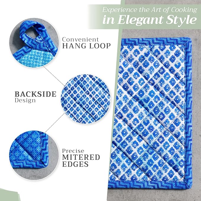 Maison d' Hermine 100% Cotton Oven Mitt & Pot Holder Set (7.5"x13" & 8"x8") Heat Resistant BBQ Cooking Gloves with Loop, Baking, Grilling, Kitchen, Handling Hot Pans Spring/Summer (Indigo Love)