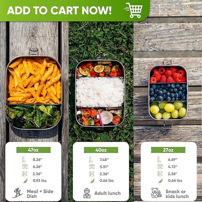 Blockhütte Stainless Steel Lunch Box for Adults I 47oz I Bento Box 3 Compartments with free Sealing, Leak-Proof Container, Metal Lunchbox for Travel, Work, Eco-Friendly Meal Storage Solution