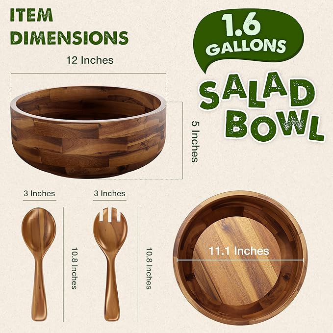 12" Salad Bowl Set with 2 Wooden Hands - Large Acacia Wood Serving Bowl with Serving Utensils - Big Mixing Bowl for Fruits, Salad,Pasta for Kitchen Counter (12" Diameter x 4.5" Height)