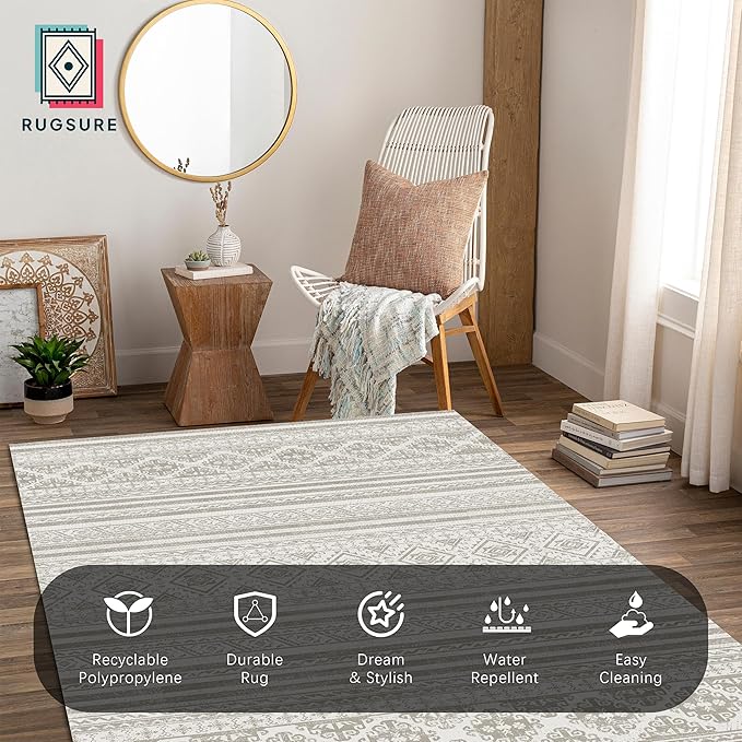 RUGSURE Washable Area Rugs 6' x 9' - 1/6 Thick - Moroccan-Inspired -Stain & Water Resistant Non-Slip - Resistant Rug for Living Room, Bedroom, Nursery, Pet & Child Friendly (Grey)