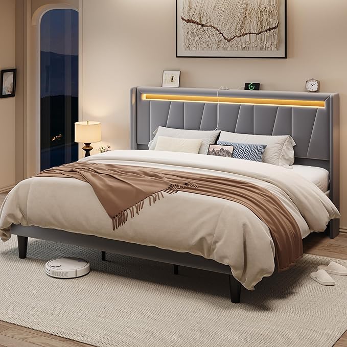 Allewie King Size LED Bed Frame with Charging Station, Velvet Upholstered Platform Bed with Geometric Wingback Headboard, Modern Frame with No Box Spring Needed, Easy Assembly, Grey