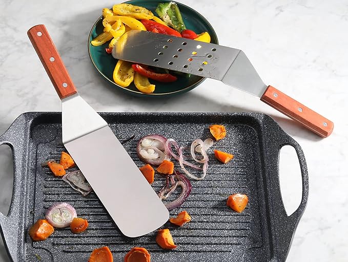 New Star Foodservice 14.5 Inch Perforated Flexible Grill Turner, Stainless Steel Spatula with Wood Handle for Griddle, Flat Top, Grill, and Restaurant Use