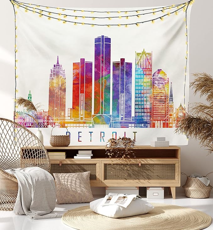 Ambesonne Detroit Tapestry Queen Size, Vibrant Colored Abstract Skyscrapers Modern Architecture Watercolor Style Landmarks, Wall Hanging Bedspread Bed Cover Wall Decor, 88" X 88", Ivory