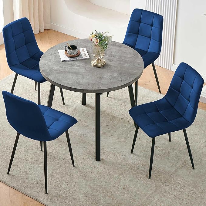 Modern 4-Person Round Dining Table Set, Space-Saving for Kitchen, Living Room, Apartment, Includes Dining Table & 4 Blue Chairs,Small Dining Room Set for 4