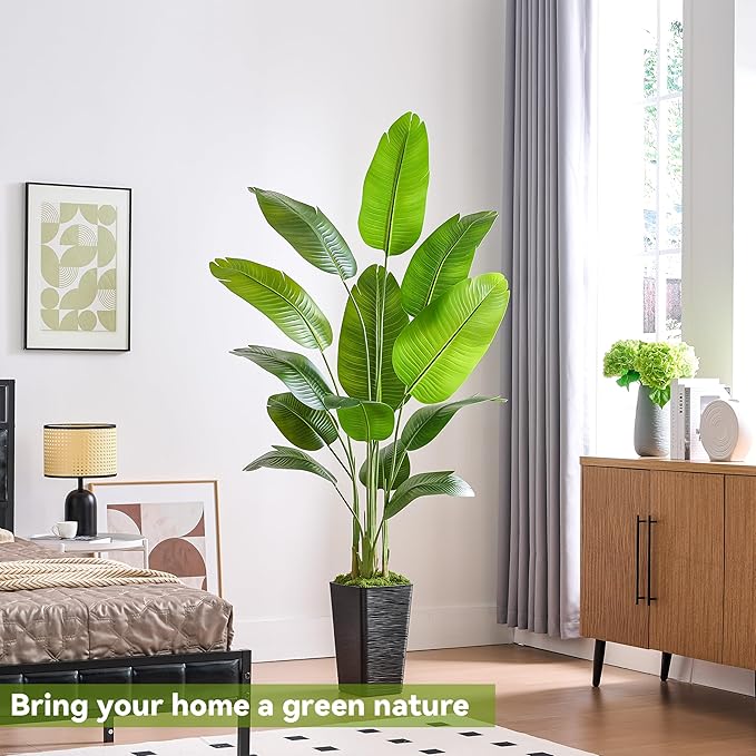 Bird of Paradise Artificial Plant, 6.6FT Faux Plants Indoor Banana Leaf Tree with 13 Leaves, Large Fake Tropical Potted Indoor Silk Floor Plant with White Tall Planter for House,Office,Room,Home Decor