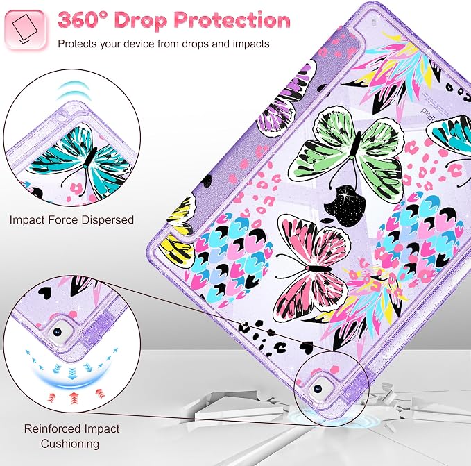 Mektron Sparkly Case for iPad 10.2 inch Glitter Tablet Cases for iPad 9th Gen 2021/8th Gen 2020/7th Gen 2019 Cover with Shiny Clear Back Shell Foldable Bling Smart Cover Blue Floral