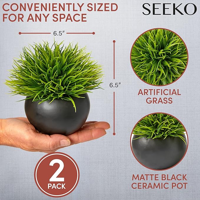 SEEKO Succulents Small Fake Plants (Grass, 2 Pack) - Realistic Artificial Plants Indoor for Shelf, Bathroom, Desk, Office and Bathroom Decor