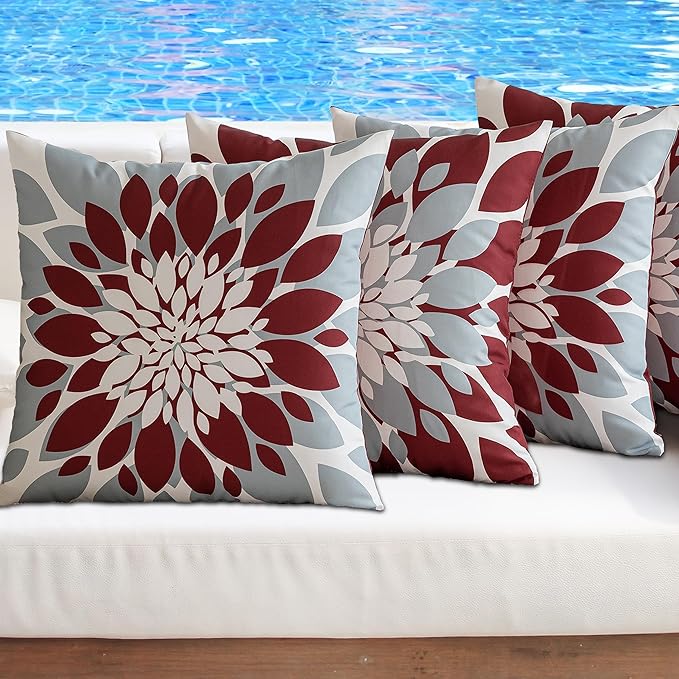Qahing Pack of 4 Outdoor Waterproof Pillow Covers 18x18 Decorative Outdoor Throw Pillows Garden Square Cushion Cases for Patio Furniture, Couch, Tent Sunbrella, Bench, Burgundy Red Grey