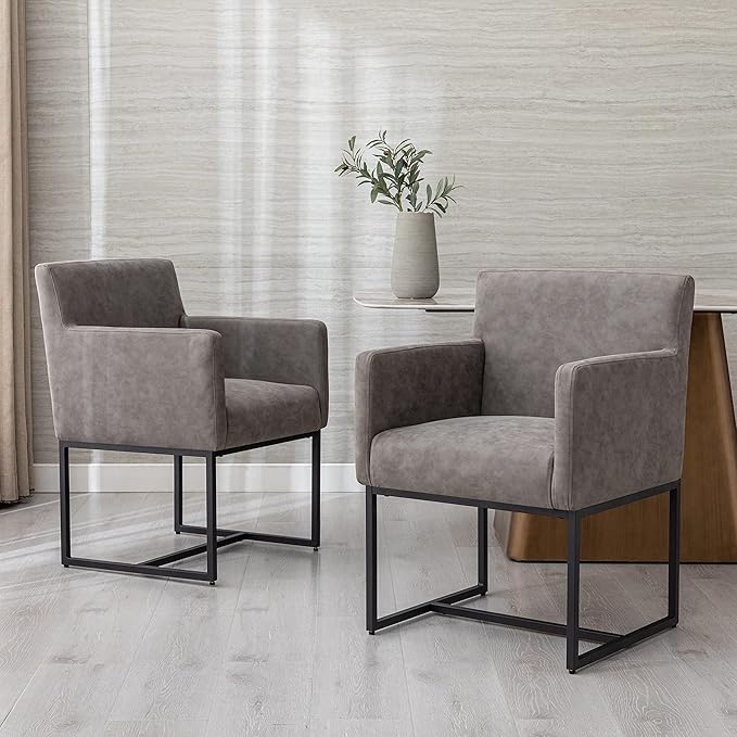 Set of 2 Upholstered Dining Chairs with Armrest, PU Leather Modern Accent Armchairs, Kitchen & Dining Room Chairs Side Chairs, Grey