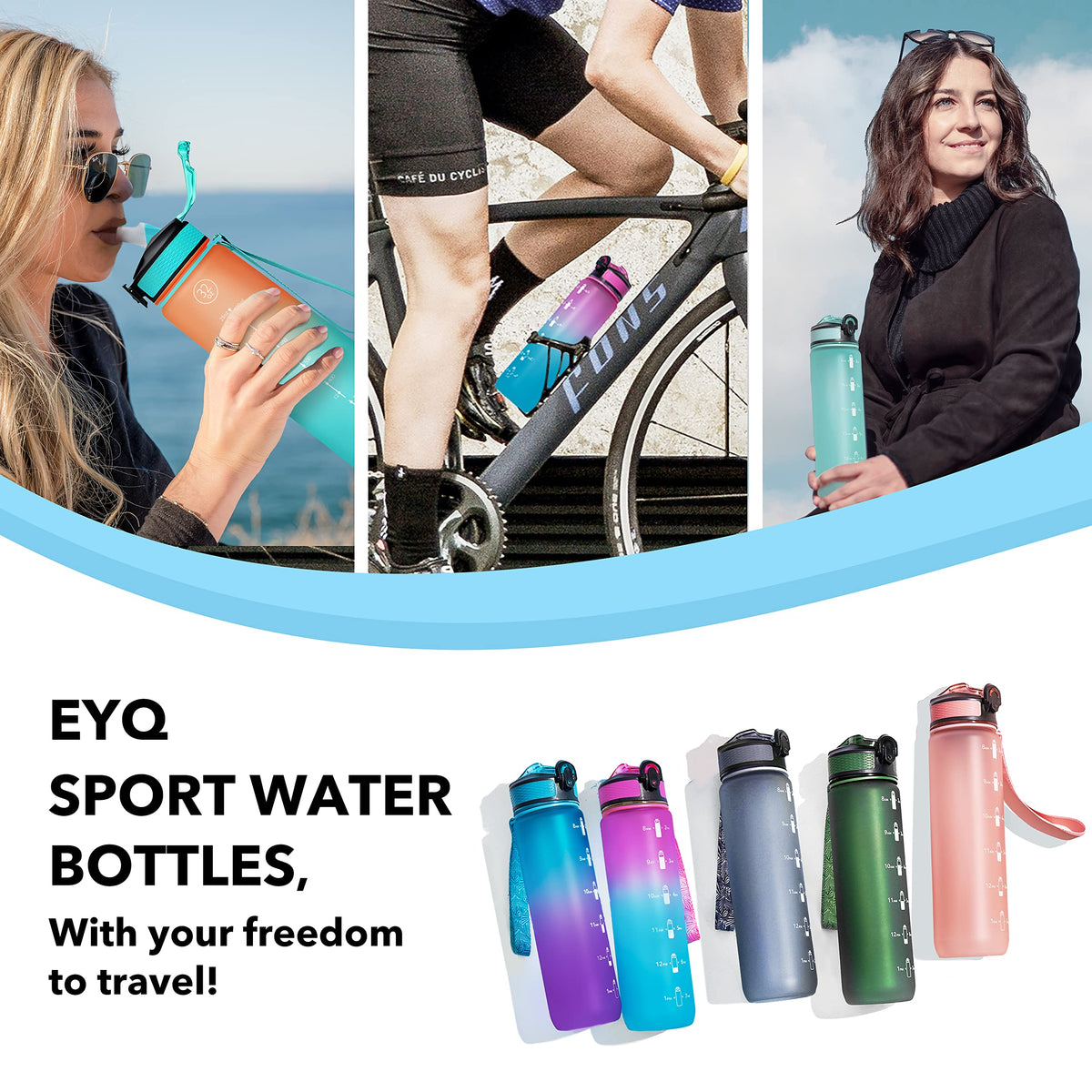 EYQ 32 oz Water Bottle with Time Marker, Carry Strap, Leak-Proof Tritan BPA-Free, Ensure You Drink Enough Water for Fitness, Gym, Camping, Outdoor Sports (3.Black/Gray Gradient)