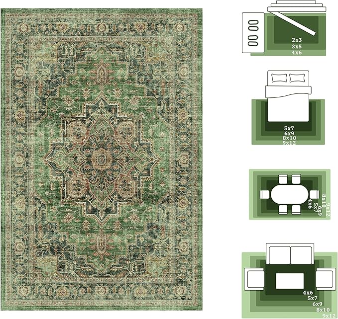 8x10 Area Rugs for Living Room Ultra-Soft Washable Rug Vintage Distressed Boho Area Rug, Non-Slip Low Pile Stain Resistant Carpet for Bedroom Dining Room Kitchen Office