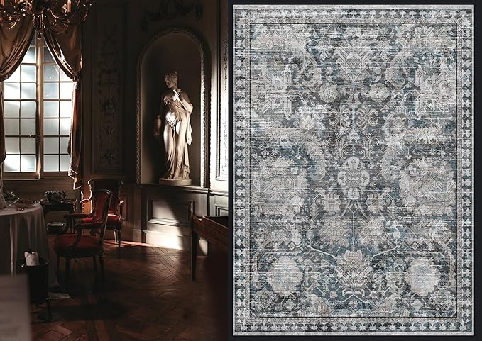 RUGSURE Washable Area Rugs - Perfect for Living Room, Bedroom, Kids Room, Nursery - Stain & Water Resistant Non-Slip, Pet & Child Friendly, Vintage Tribal Area Rugs (Grey and Blue, 5' x 7')