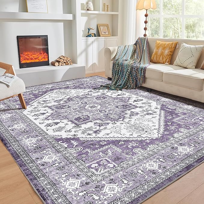 OPPODREAM Thin 8x10 Area Rugs, Washable Rugs 8x10 with Non Slip Backing, Faux Cashmere Low-Pile 8 x 10 Carpet, Purple