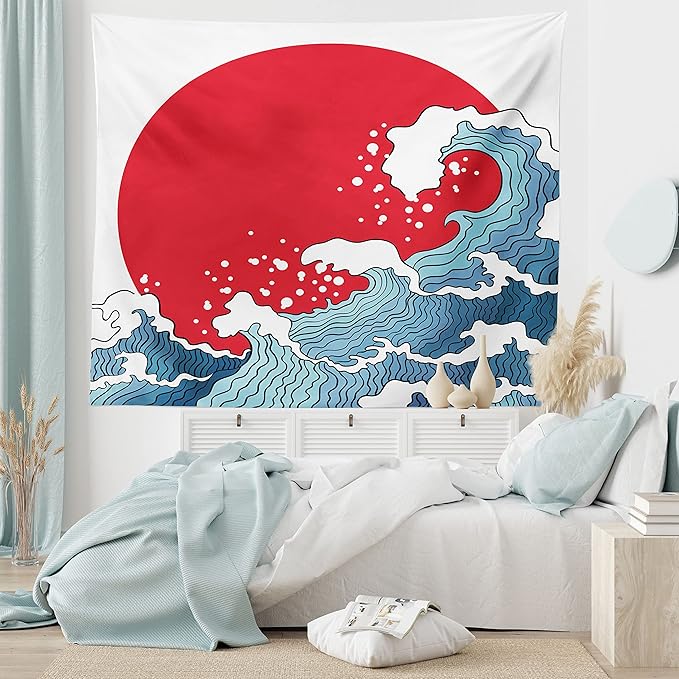 Ambesonne Japanese Wave Tapestry, Big Red Sun Setting Scenery Tropical Nautical Tsunami Swirls, Fabric Wall Hanging Decor for Bedroom Living Room Dorm, 30" X 45", Red Blue White