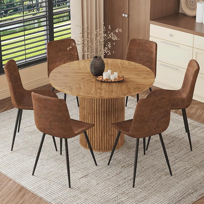 AZmac Round Dining Table Set for 6, Wooden Round Table 7-Piece with Modern Farmhouse Dining Table and 6 Suede Leather Chairs for Kitchen Dining Room, Wooden Table + 6 Saddle Brown Chairs