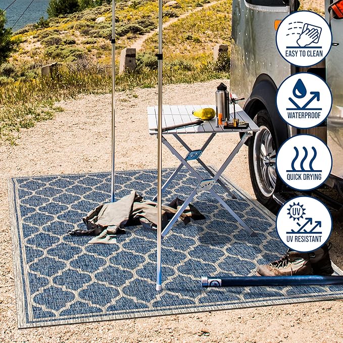 Eyely BMS109D-4SQ Santa Monica Trebol Moroccan Trellis Textured Weave, Pet Friendly, Non-Shedding, Stain Resistant, Easy-Cleaning, Navy/Gray, 4' Square, Indoor/Outdoor, Area Rug