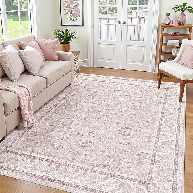 Light Pink Nursery Rug Large Area Rugs for Living Room Vintage Rug Boho Floral Washable Area Rugs 9x12 Indoor Carpet for Bedroom Dining Room Kids Room
