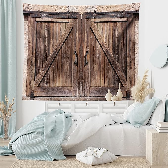 Ambesonne Rustic Tapestry, Wooden Barn Door in Stone Farmhouse Image Vintage Desgin Rural Art Architecture Print, Fabric Wall Hanging Decor for Bedroom Living Room Dorm, 45" X 30", Cream Brown