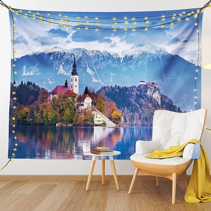 Ambesonne Landscape Tapestry, Photo of Bled in Slovenia with Lake Snowy Mountains and a Castle Pastoral Scenery, Fabric Wall Hanging Decor for Bedroom Living Room Dorm, 23" X 28", Blue Lavender