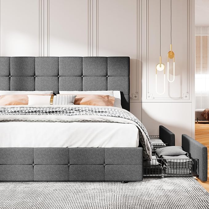 MUTICOR Queen Size Bed Frame with 4 Storage Drawers, Upholstered Platform Bed with Button Tufted Adjustable Headboard, No Box Spring Needed, Easy Assembly, Square Tufted, Dark Grey Fabric
