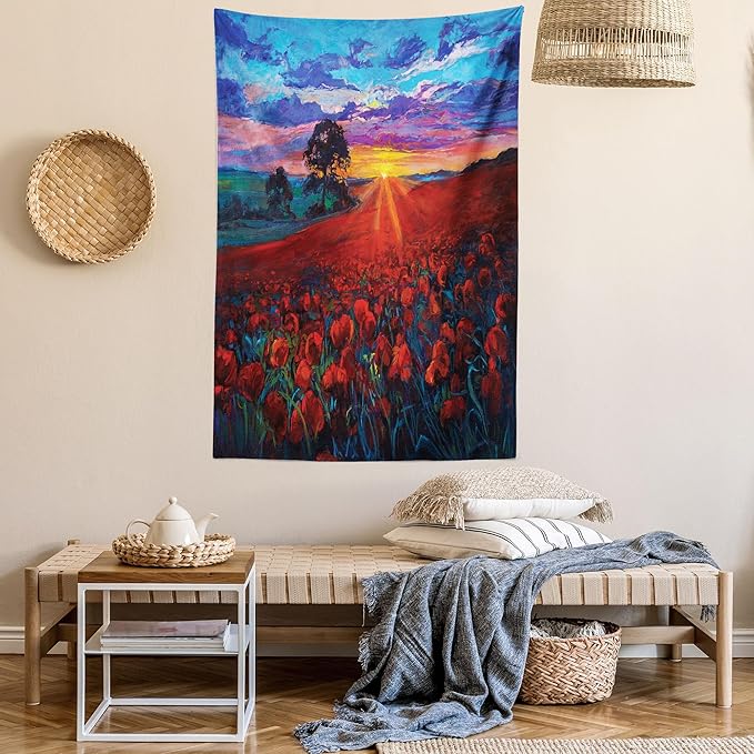 Ambesonne Country Tapestry, Clouds at Sunset Paint Scenery of Poppy Flower Garden on Valley with Horizon, Fabric Wall Hanging Decor for Bedroom Living Room Dorm, 23" X 28", Burgundy Deep Sky Blue
