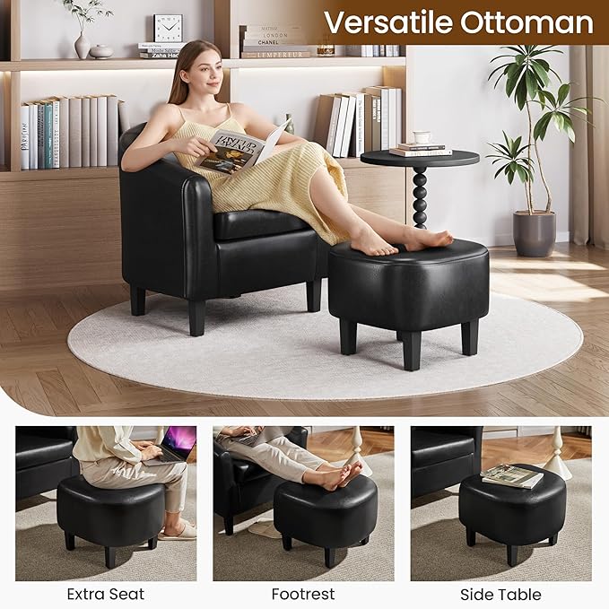 Yaheetech Accent Chair with Ottoman Foot Rest, PU Leather Mid Century Modern Upholstered Soft Barrel Chair Comfy Armchair and Footrest Set for Living Room/Bedroom/Reading Room, Set of 2, Black