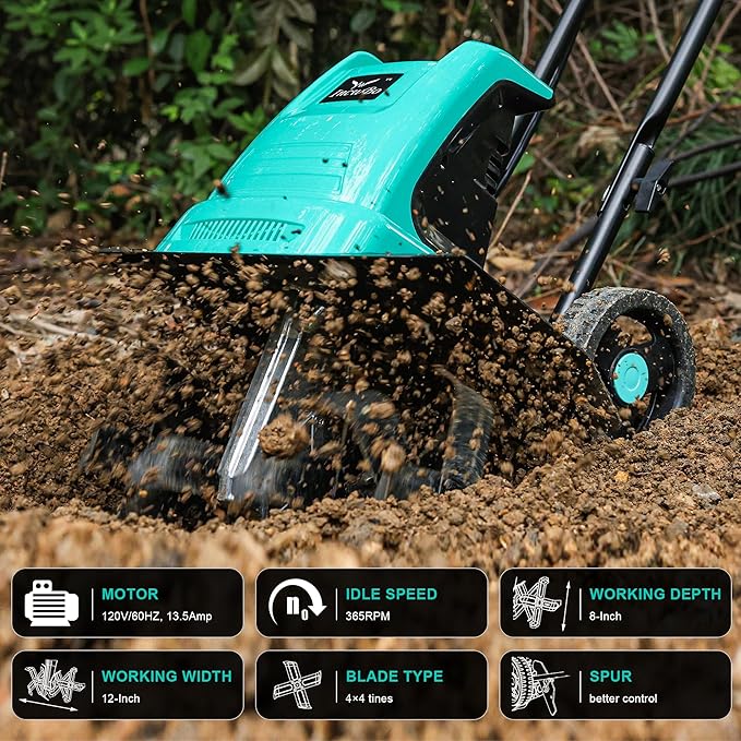 13.5 Amp 12 Inch Electric Tiller/Cultivator with 4 Steel Tines, 8'' Tilling Depth Small Garden Tiller for Gardening, Corded Rototiller with Adjustable Wheels