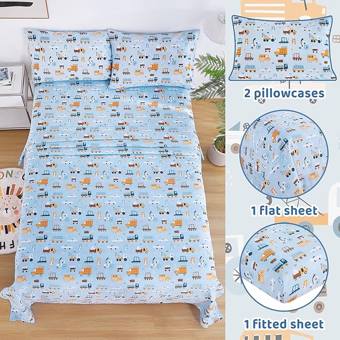 Viviland 4 Pieces Boys Blue Truck Full Sheet Set - Soft Microfiber Fitted Flat Sheets & Pillowcases - Construction Truck Bedding Sets - for Kids & Toddlers