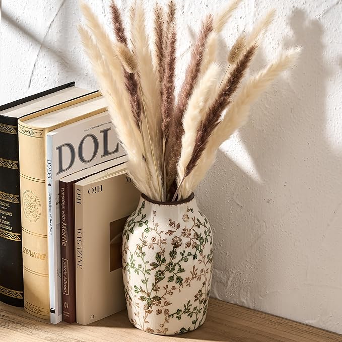 SIDUCAL Ceramic Green and Beige Antique Vase, 7 Inch Retro Ice Cracked Chinoiserie Floral Vase, Rustic Farmhouse Vases for Home Decor, Bookshelf, Office, Garden, Chinoiserie Decor, Tuscan Decor