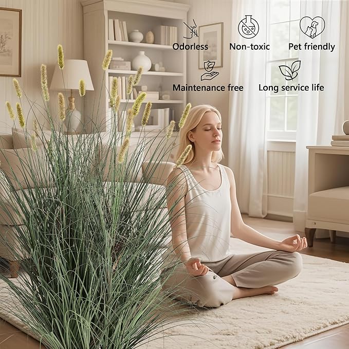 4ft Onion Grass, Artificial Plant and Greenery, Fake Floor Plants Indoor Outdoor, Potted Faux Green Bristlegrass with Yellow Spikes, Large Size Horsetail Reed Grass, House Decorative
